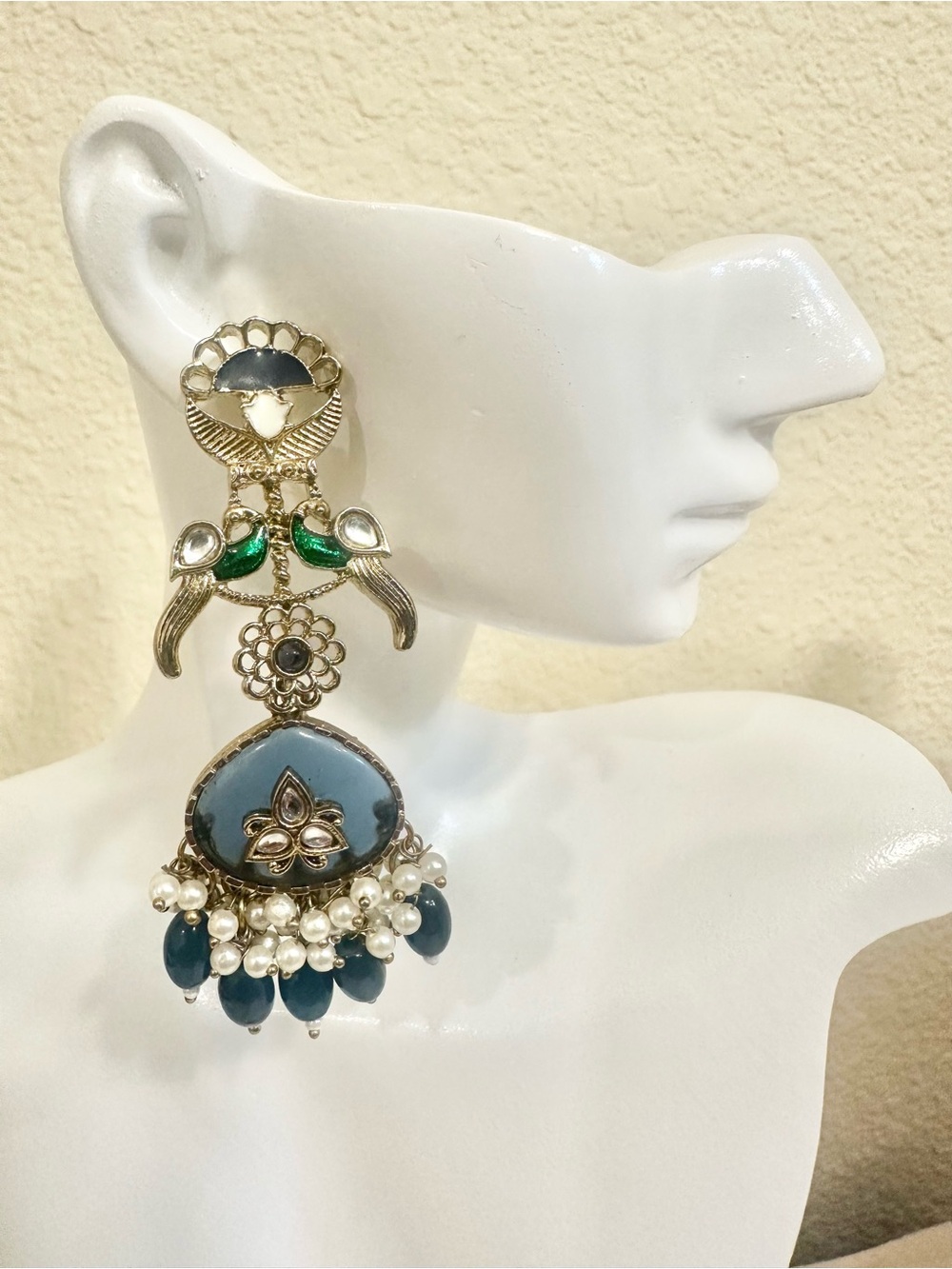 Gold-Plated Blue Kundan Drop Earrings with Pearl Fringe